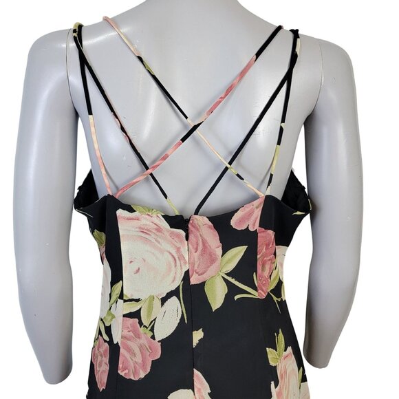 Vintage 90s Floral Mini Dress Medium 10 Petite Black Pink Shift Formal Party Fun - Picture 7 of 14